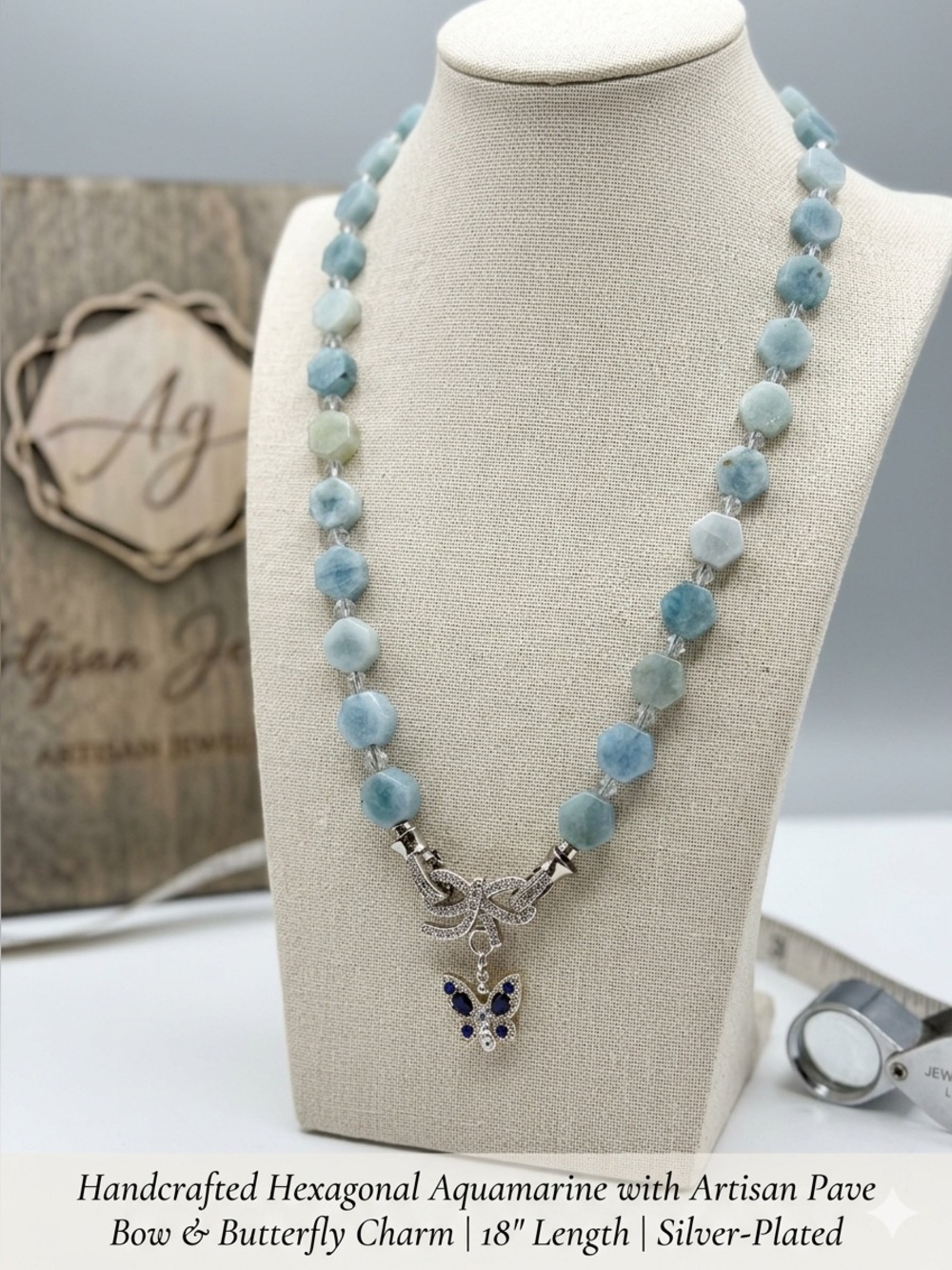 Artisan Hex Cut Aquamarine Necklace with Front Clasp Butterfly Pendant (3)